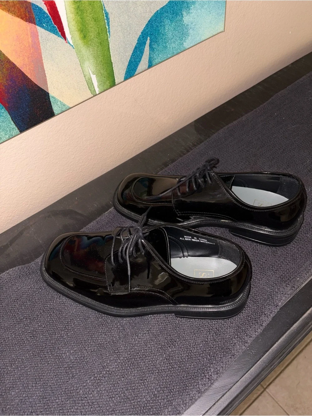 Men’s American Vintage Gloss Black Leather Dress Shoes Polished Oxfords, size 12